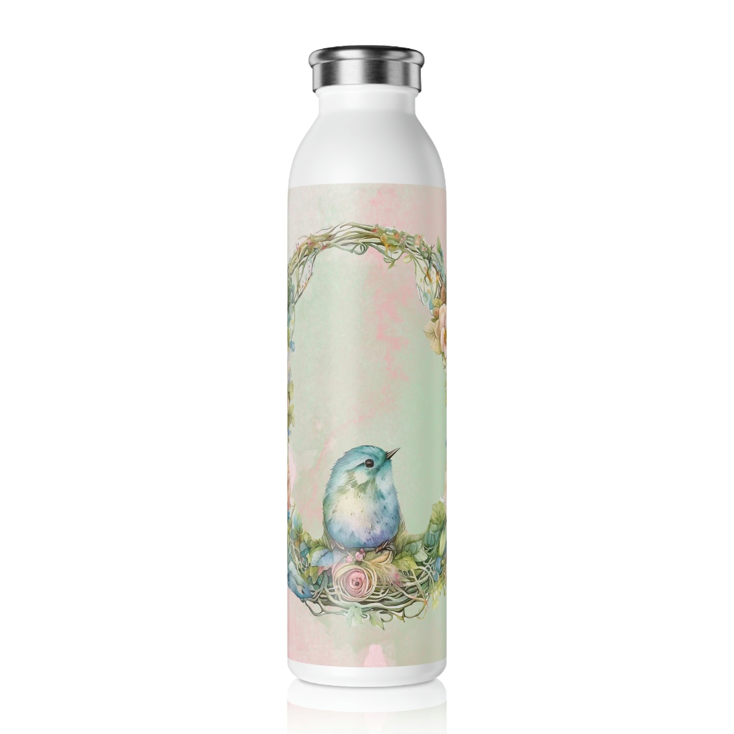 Spring Bird in Wreath Watercolor Slim Water Bottle