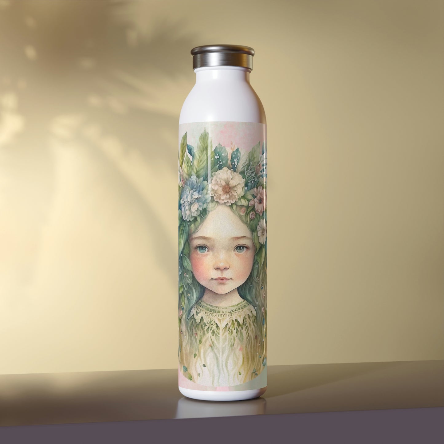 Girl Spring Flowers Watercolor Slim Water Bottle