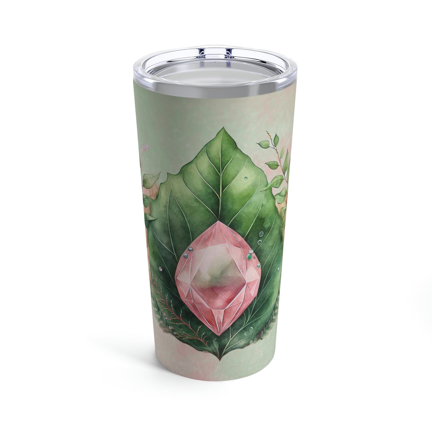 Pink Crystal on Green Leaves Watercolor Tumbler 20oz