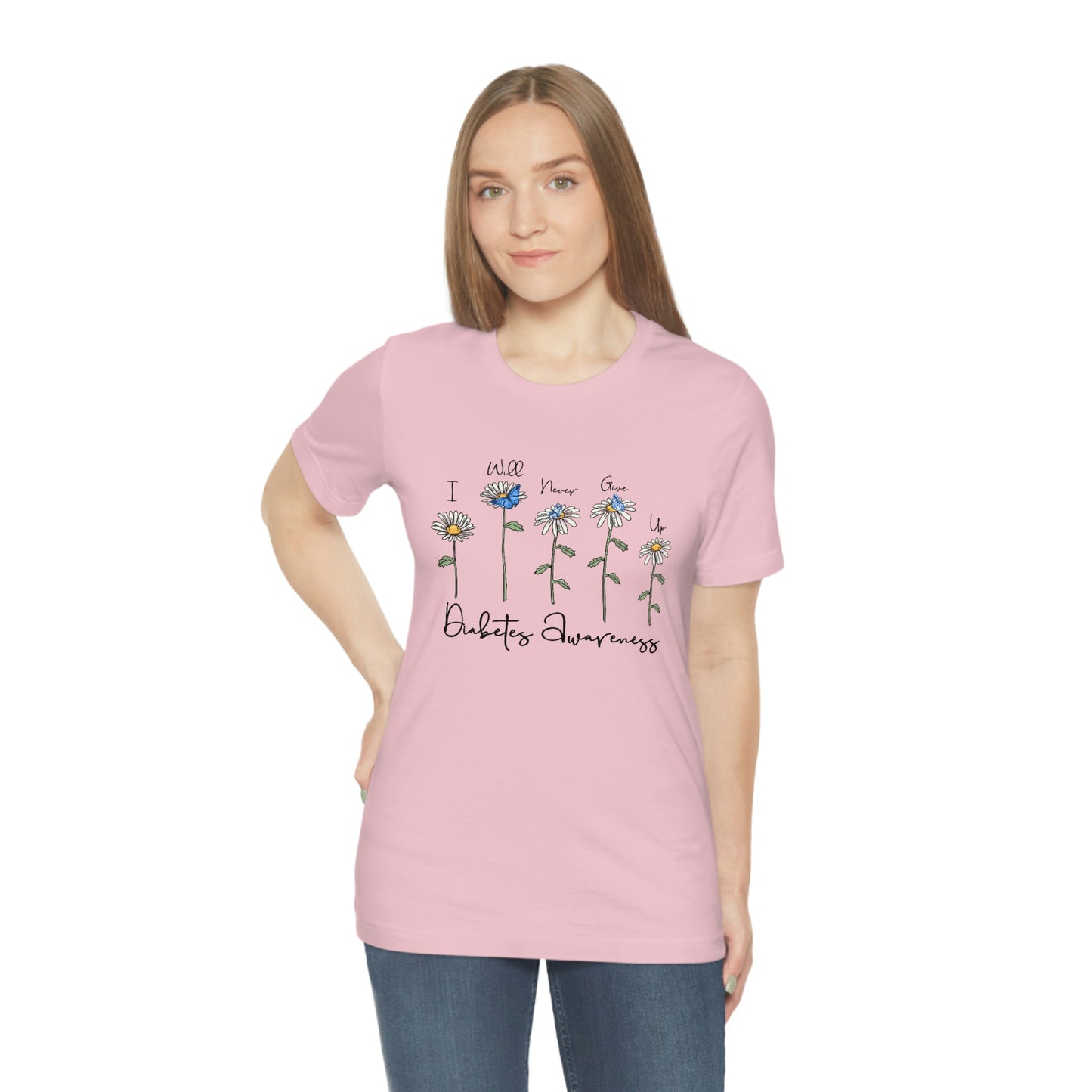 I Will Never Give Up Flowers Diabetes Awareness Print Unisex Jersey Short Sleeve Tee