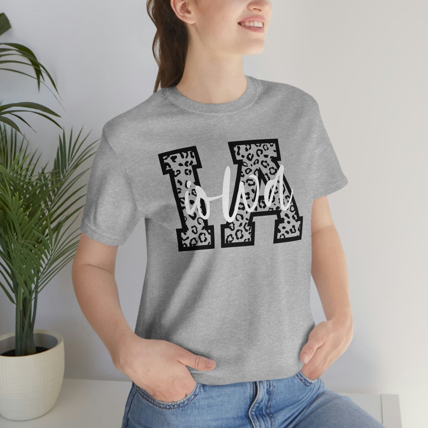 Iowa IA Leopard Print Letters White Script Short Sleeve T-shirt