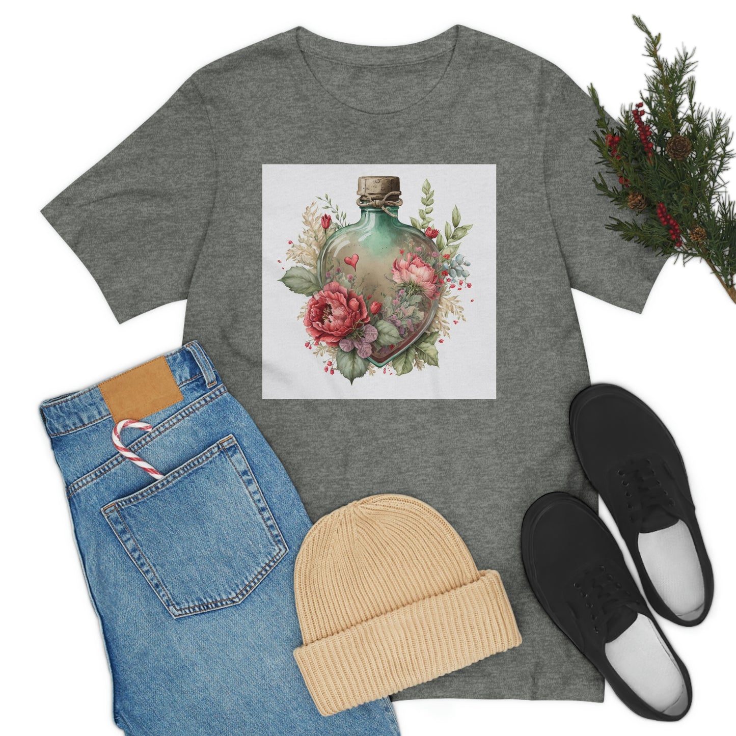 Vintage Bottle Floral Unisex Jersey Short Sleeve Tee