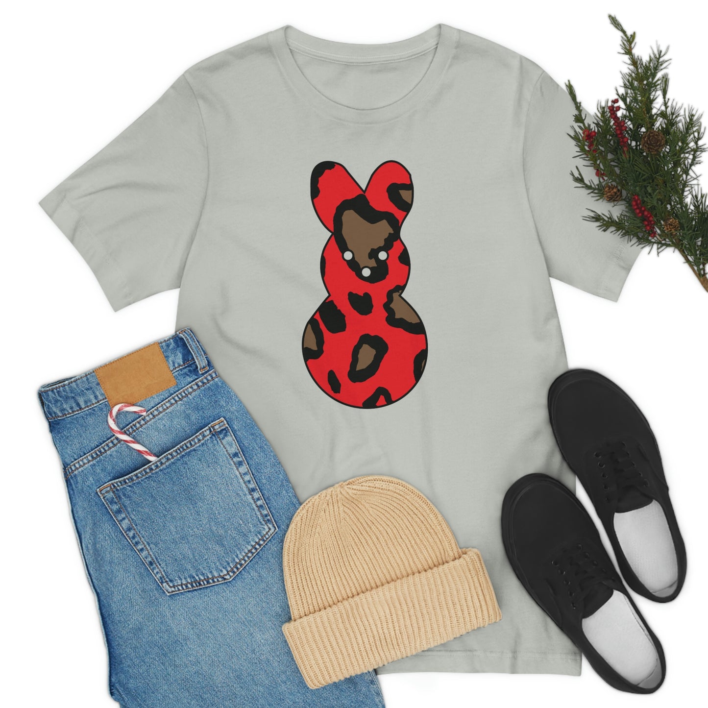 Red Leopard Print Bunny Easter Spring Print Unisex Jersey Short Sleeve Tee