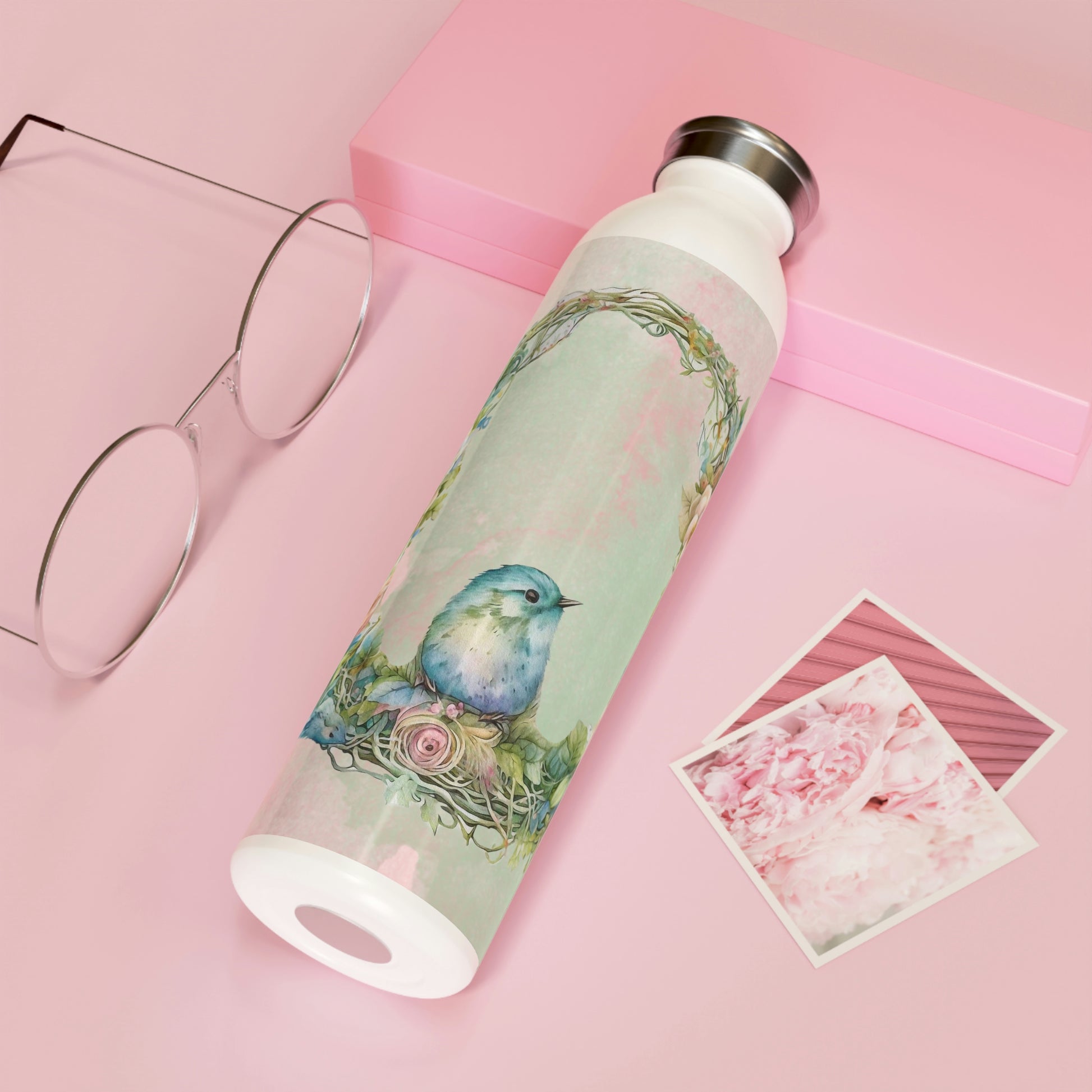 Spring Bird in Wreath Watercolor Slim Water Bottle