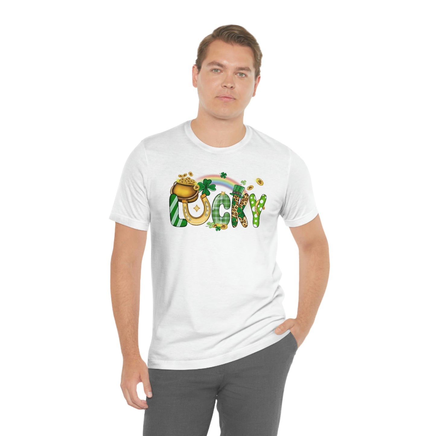 Lucky Rainbow Pot of Gold St. Patrick's Day Unisex Jersey Short Sleeve Tee