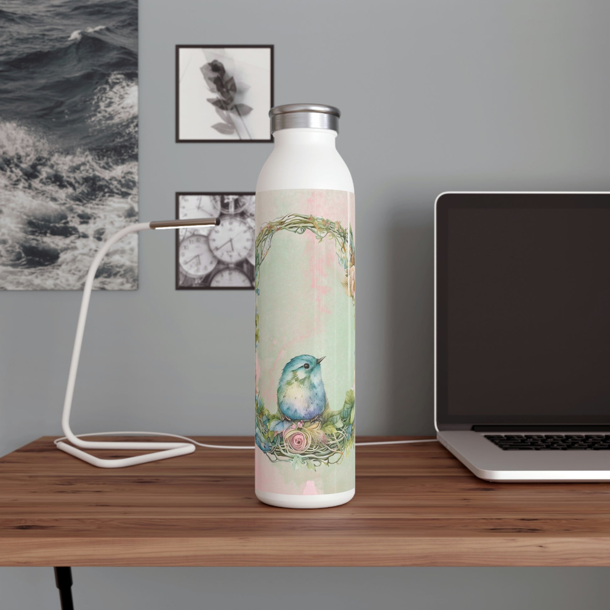 Spring Bird in Wreath Watercolor Slim Water Bottle