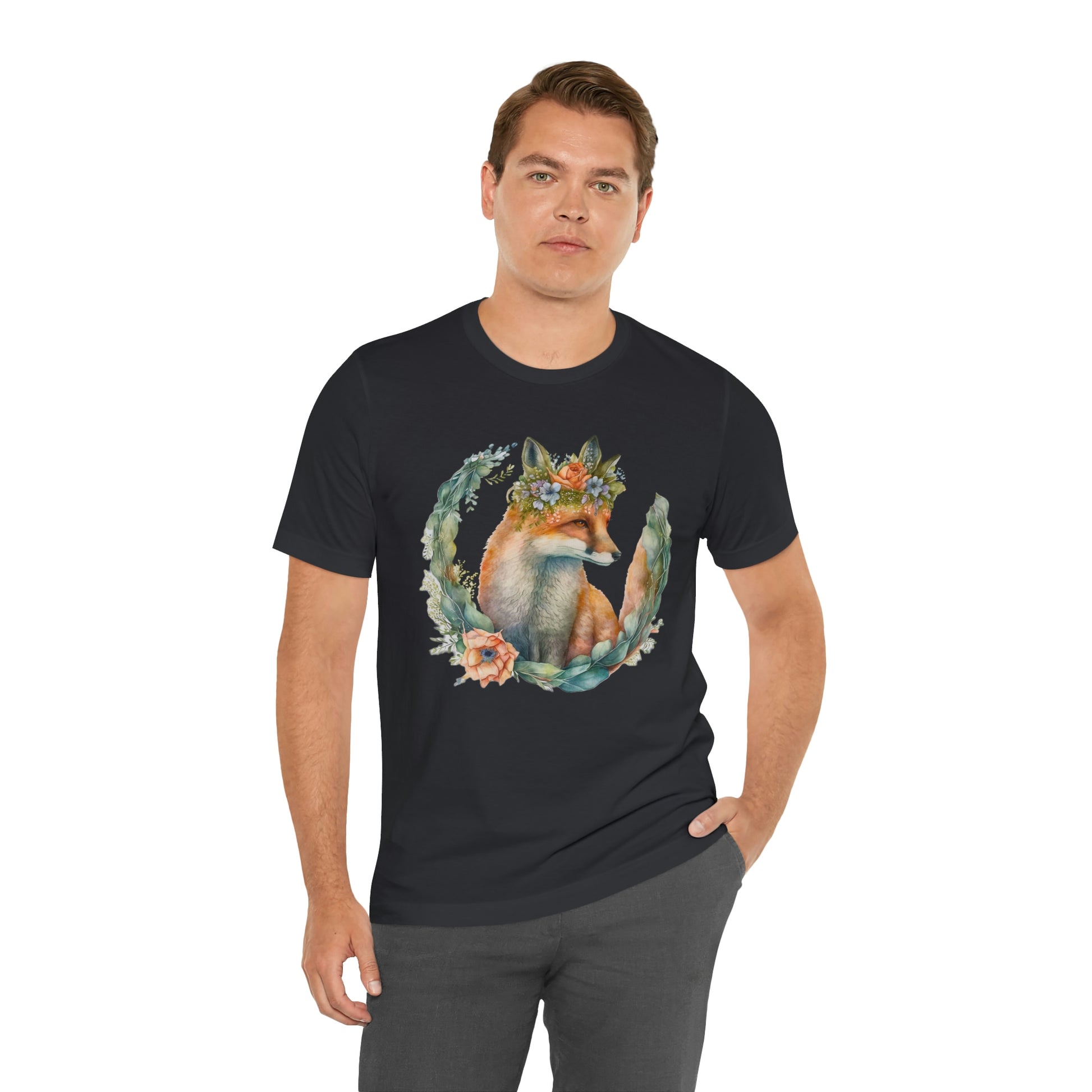 Watercolor Fox Peaking Through Wreath Short Sleeve T-shirt