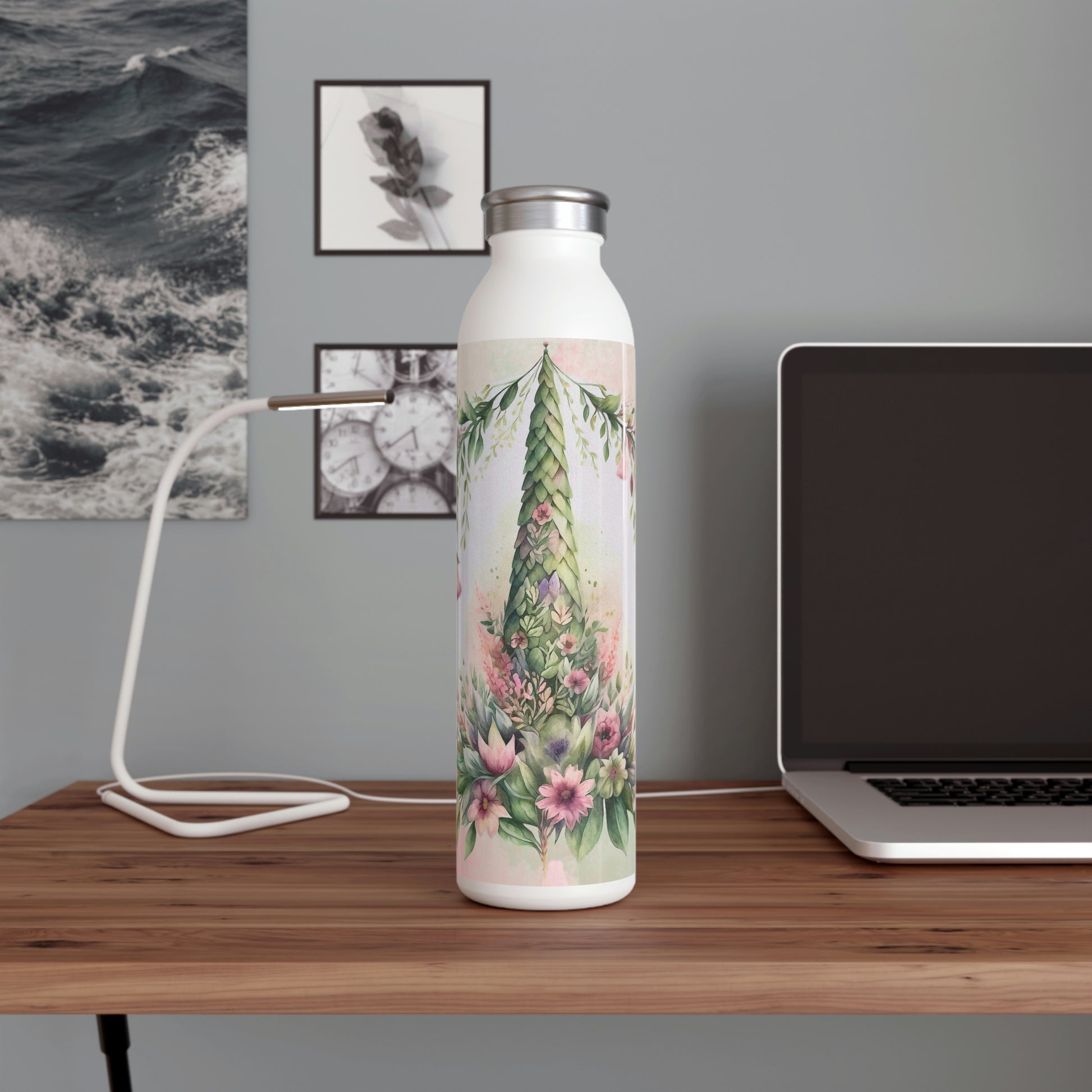 Spring Topiary Flowers Watercolor Slim Water Bottle