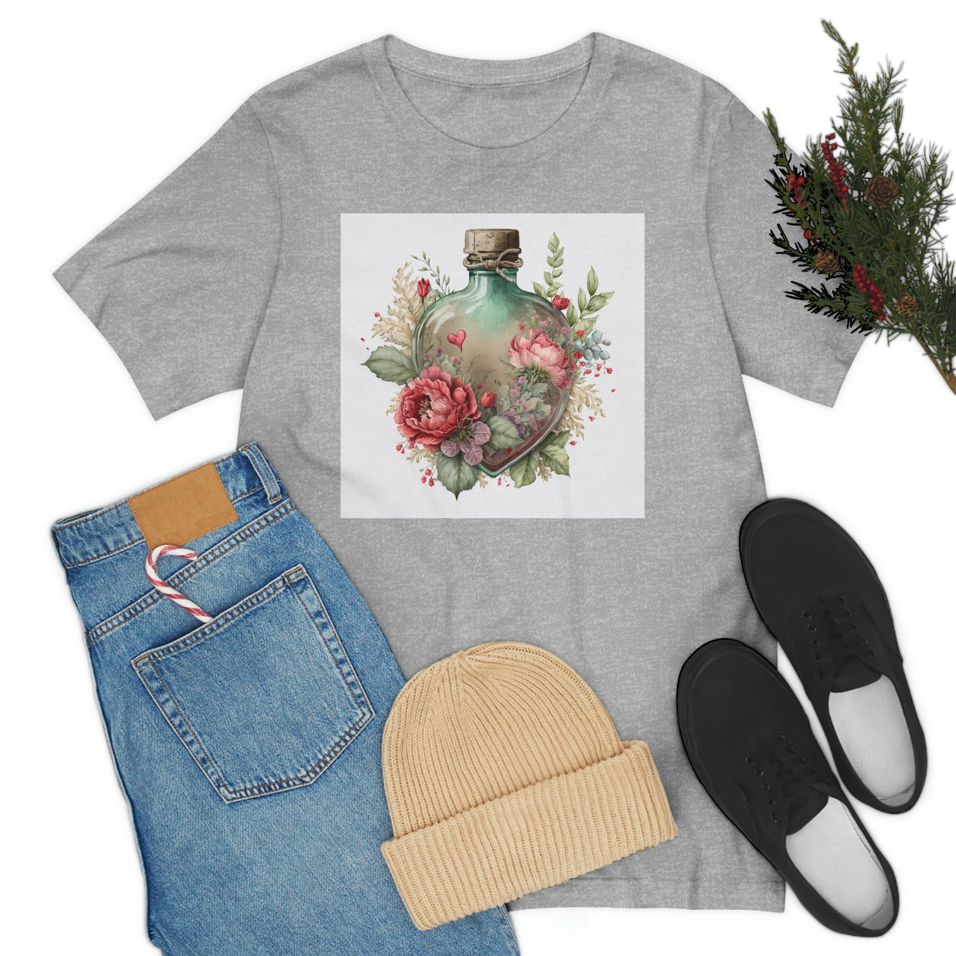 Vintage Bottle Floral Unisex Jersey Short Sleeve Tee