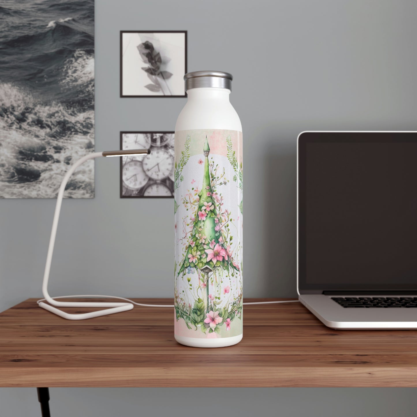 Spring Topiary Flowers Watercolor Slim Water Bottle