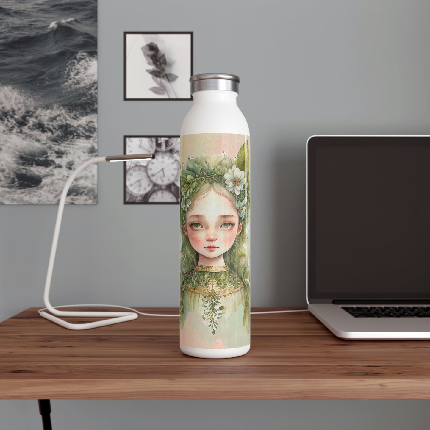 Girl Spring Flowers Watercolor Slim Water Bottle