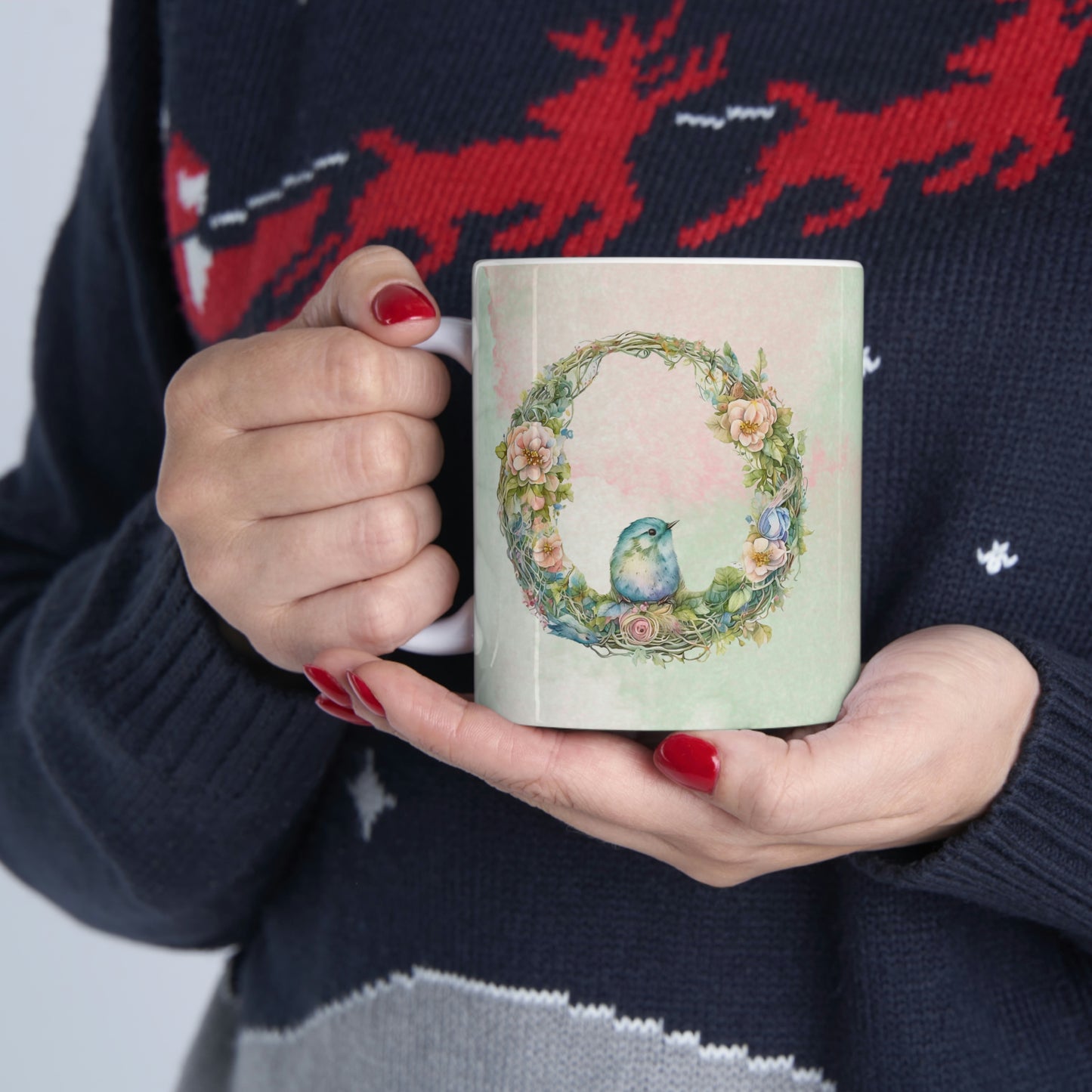 Bird in Wreath Watercolor Ceramic Mug 11oz