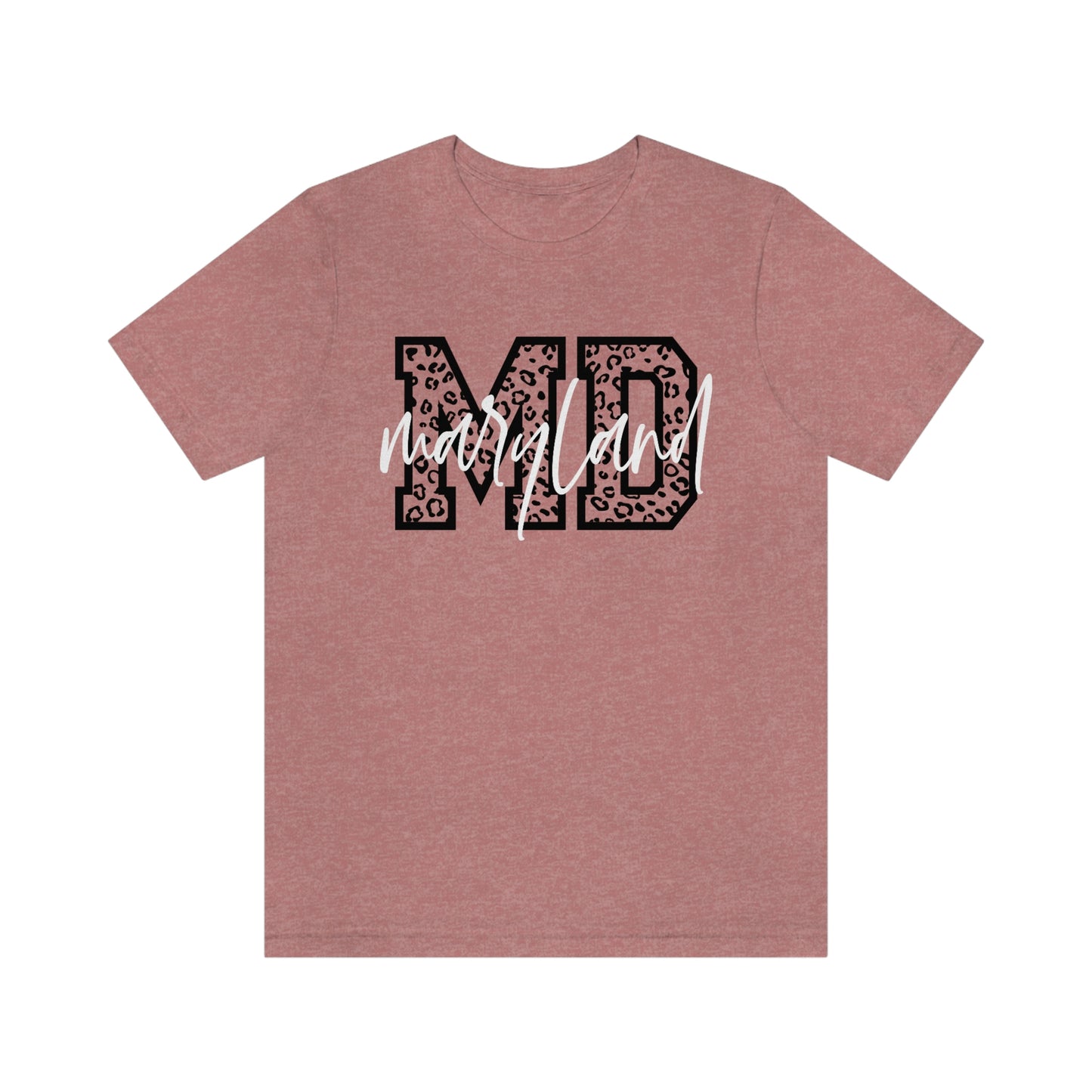 Maryland MD Leopard Print Letters White Script Short Sleeve T-shirt