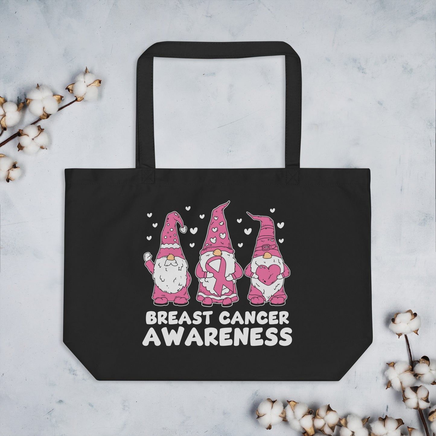Breast Cancer Awareness Gnomes Large organic tote bag