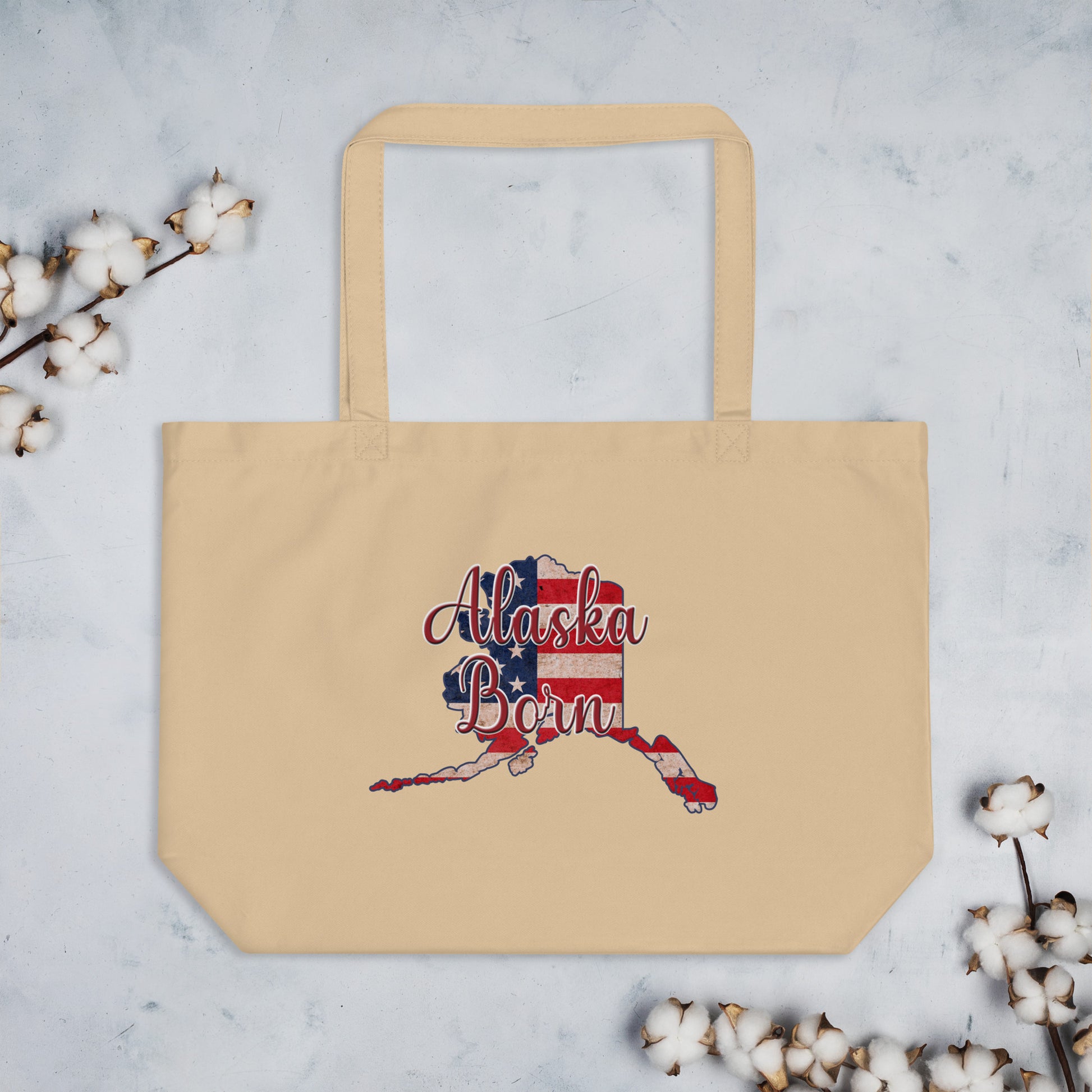 Alaska Born US Flag Large Organic Tote Bag