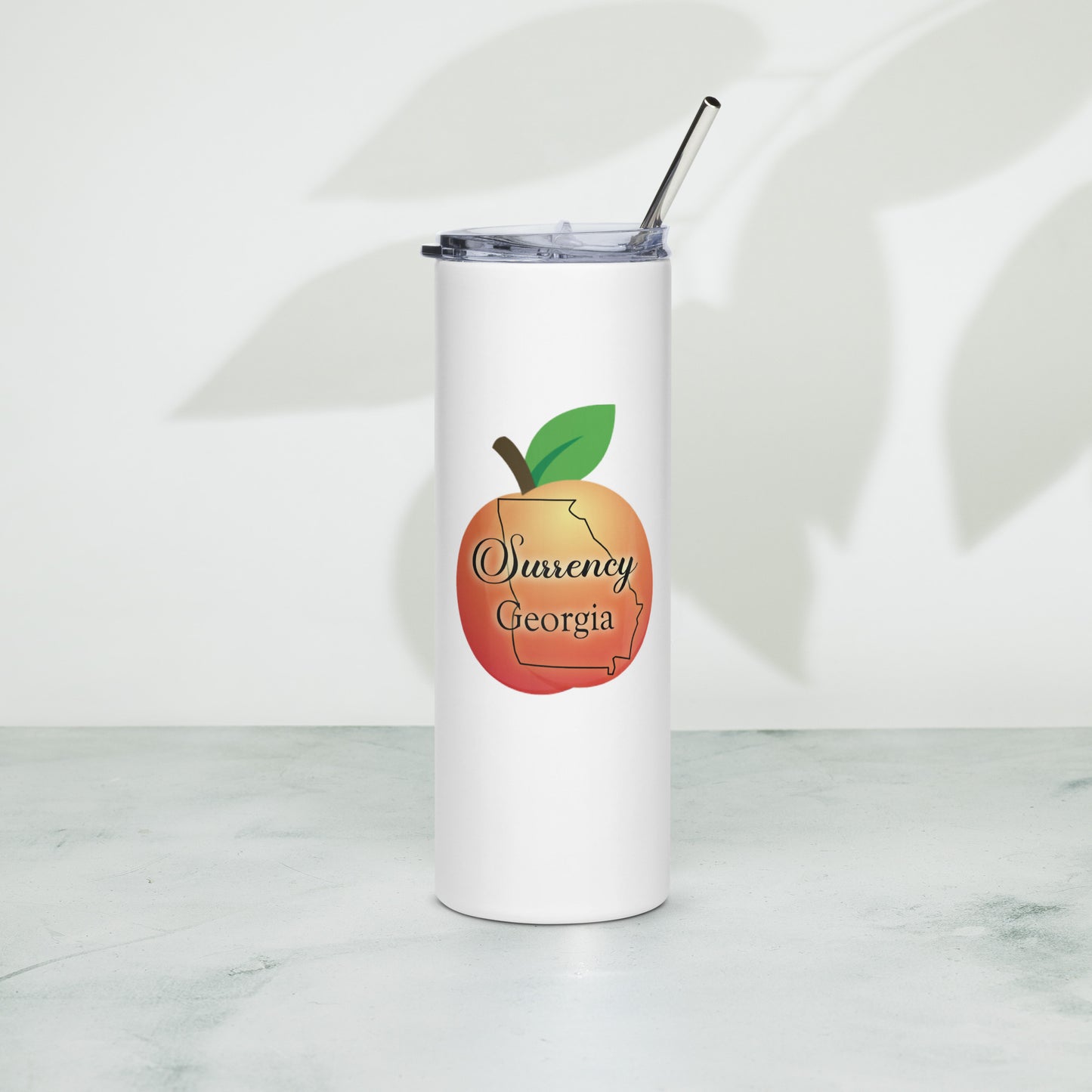 Surrency Georgia State Outline Peach Stainless Steel Tumbler with Straw 20z (600 ml)