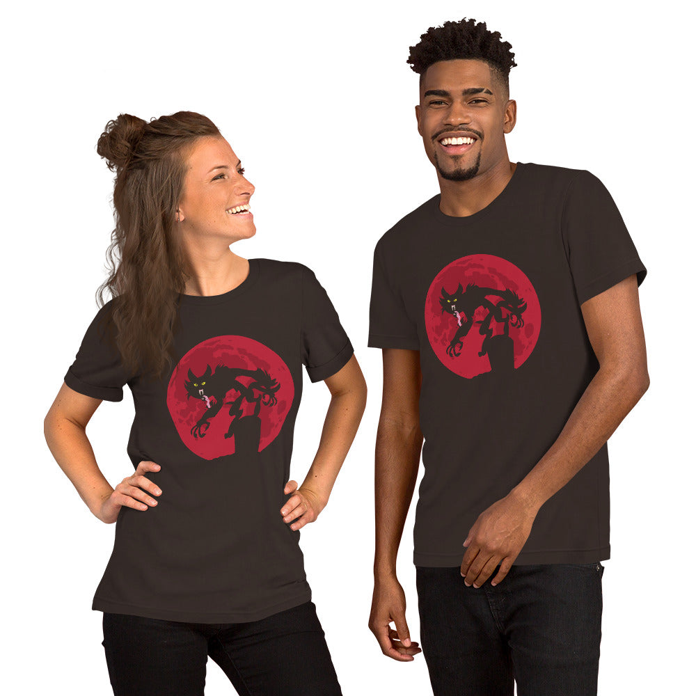 Scary Cat on Red Moon Unisex t-shirt