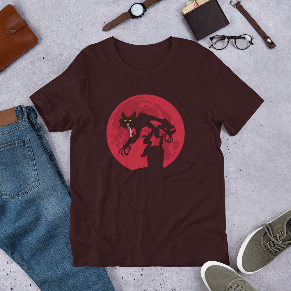 Scary Cat on Red Moon Unisex t-shirt