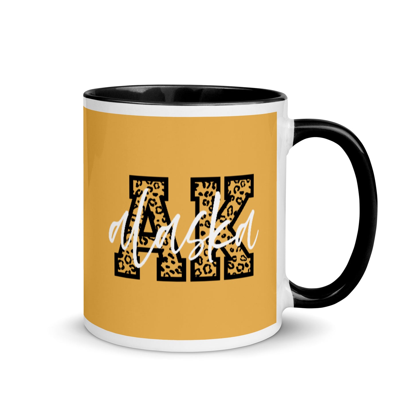 Alaska AK Leopard Print Letters White Script 11 oz Ceramic Mug Color Inside