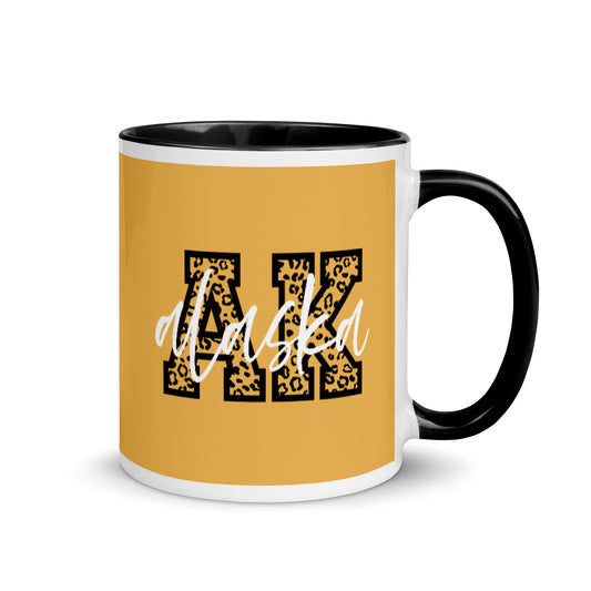 Alaska AK Leopard Print Letters White Script 11 oz Ceramic Mug Color Inside