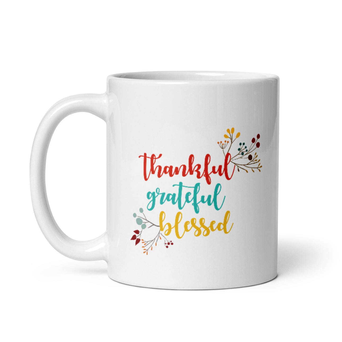 Thankful Grateful Blessed White glossy mug