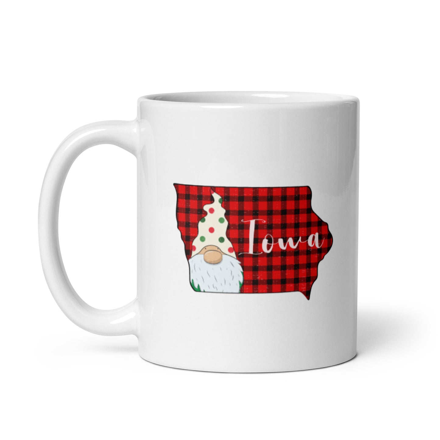 Iowa Plaid Gnome White glossy mug