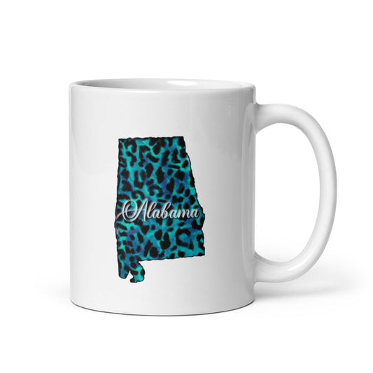 Alabama Blue Leopard White Glossy Mug