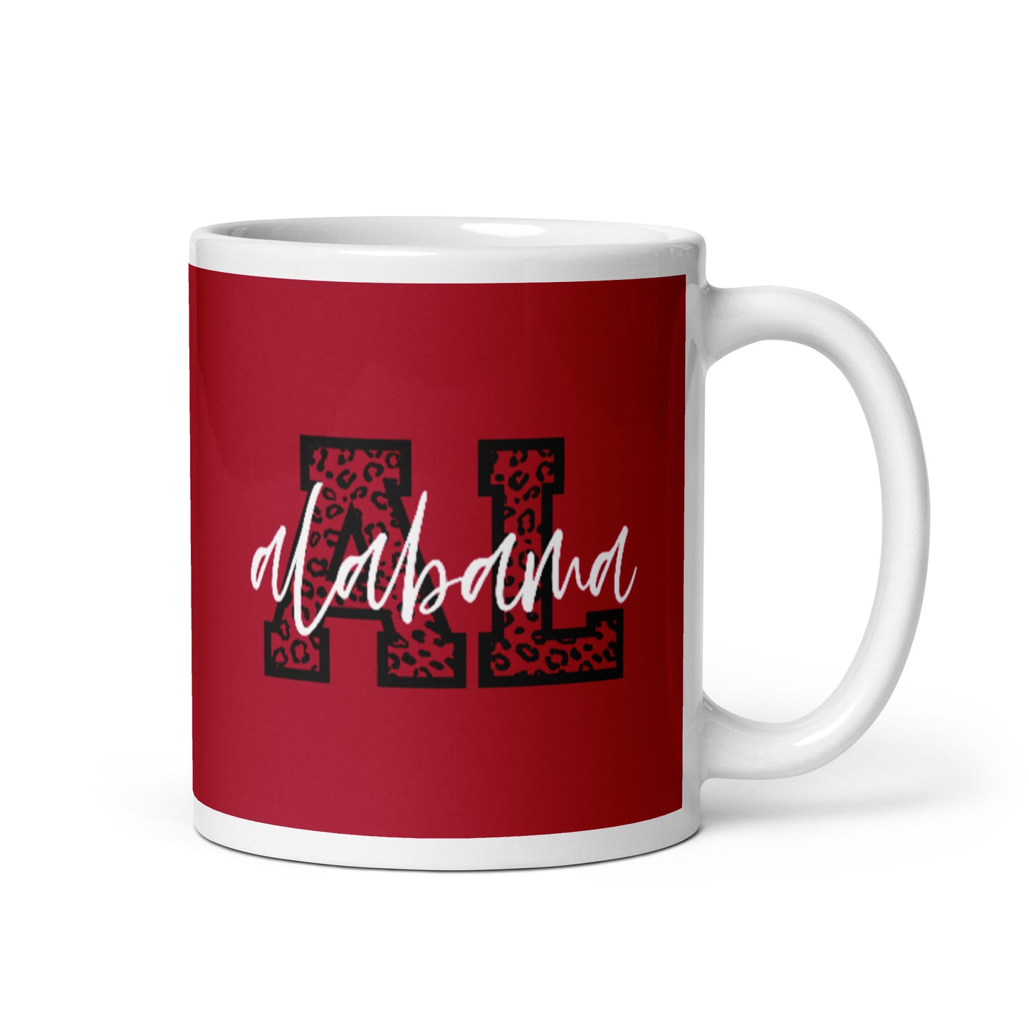 Alabama Script on Leopard AL White glossy mug