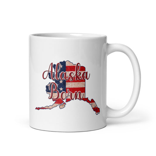 Alaska Born US Flag White Glossy Ceramic Mug