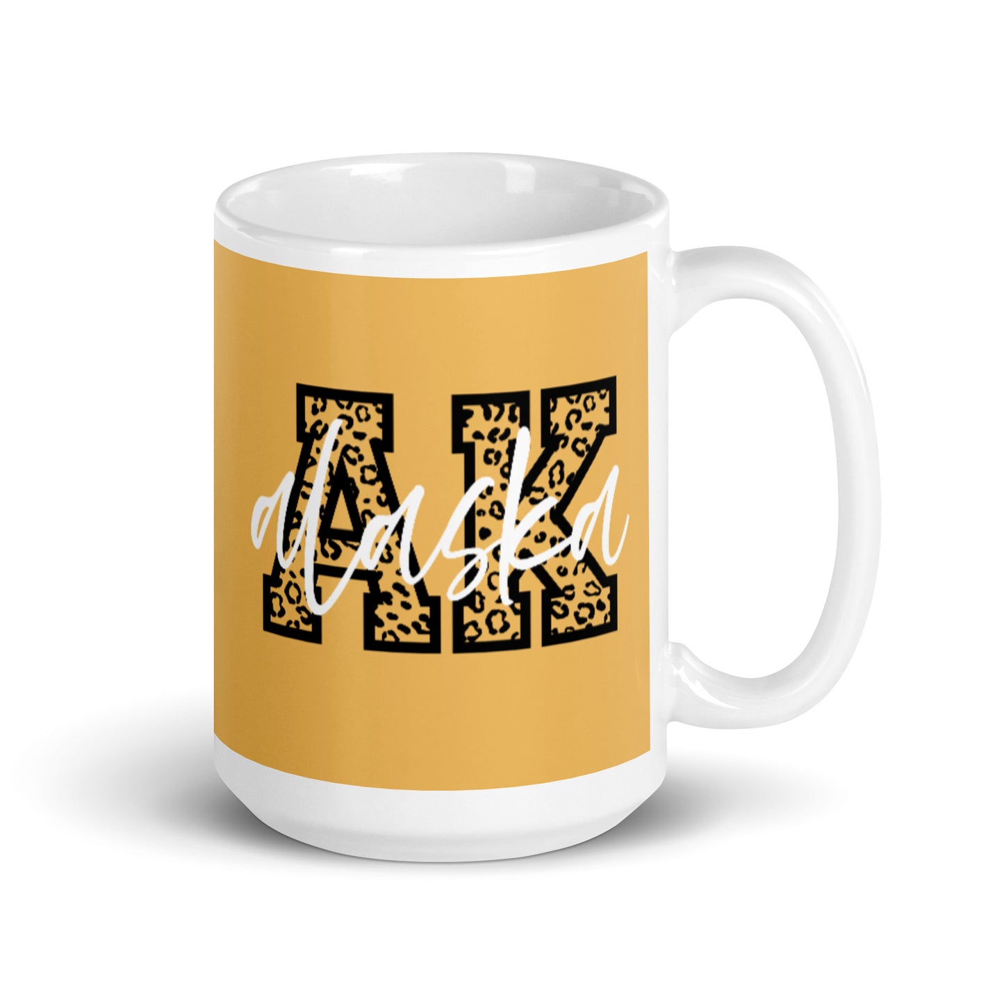 Alaska AK Leopard Print Letters White Script 15 oz White Glossy Ceramic Mug