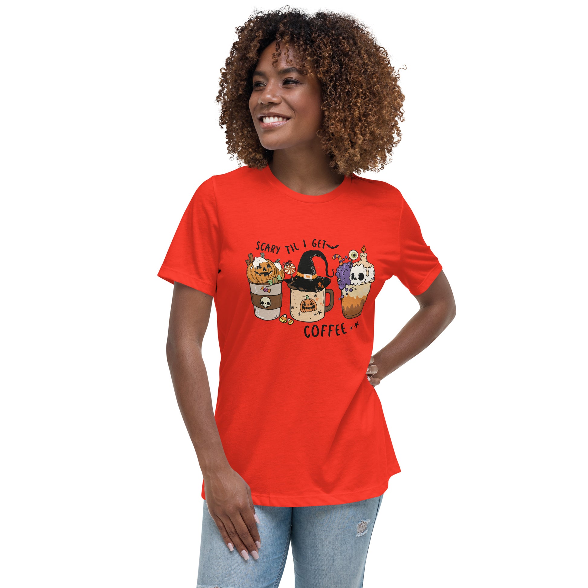 Scary Til I Get Coffee Women's Relaxed T-Shirt Tee Tshirt