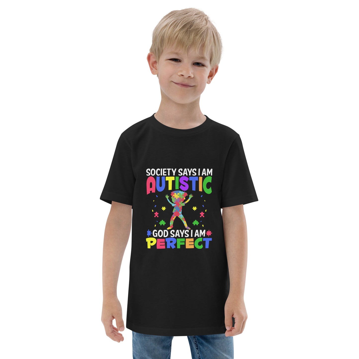 Society Says I'm Autistic, God Says I'm Perfect Youth jersey t-shirt